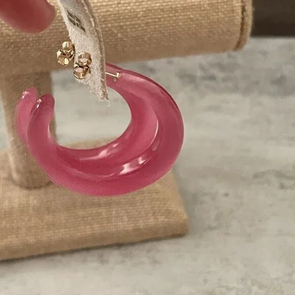 NWT Anthropologie Pink Cat's Eye Stone Pierced Hoop Earrings 1.70" Diameter - Picture 6 of 8